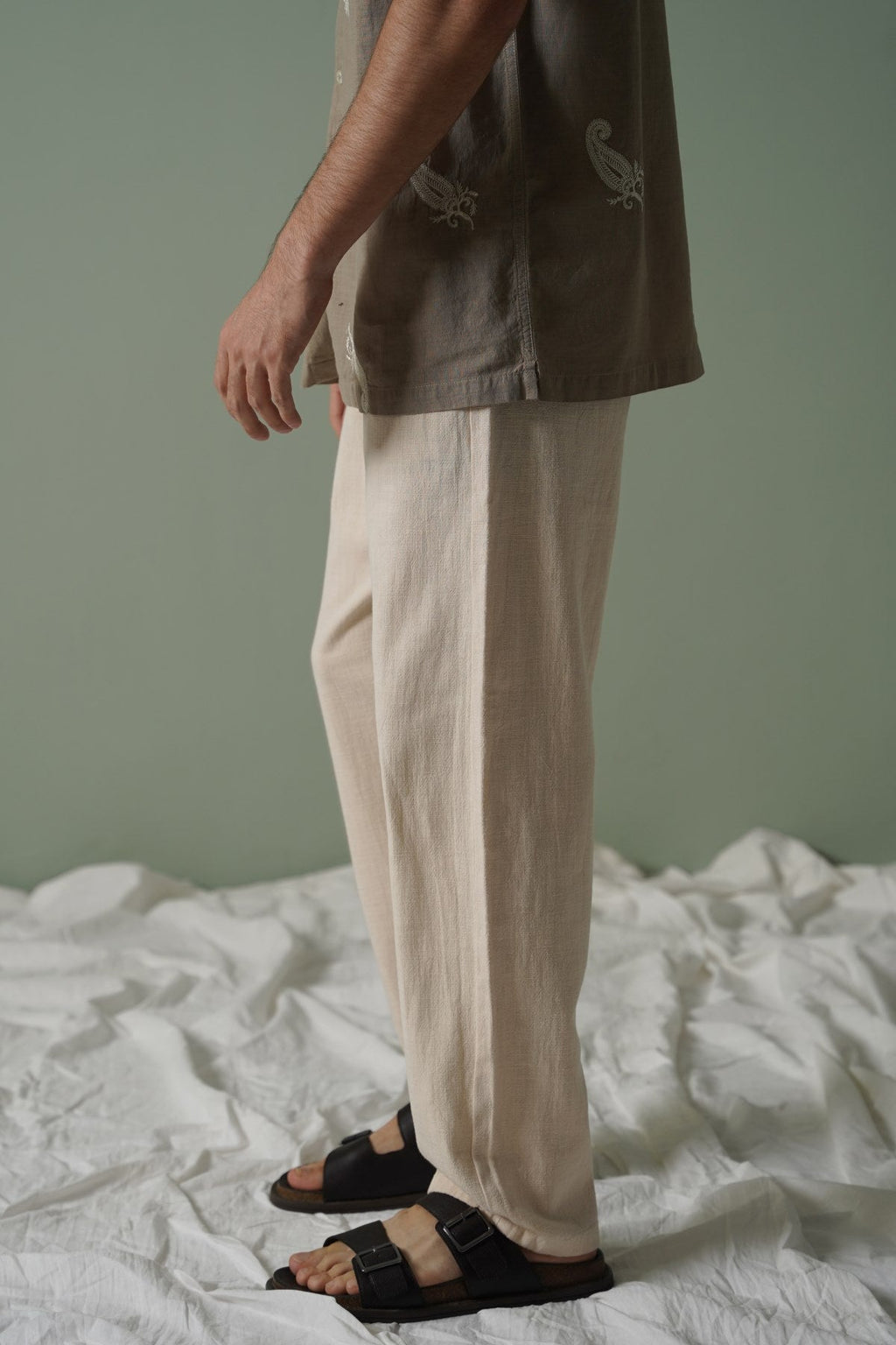 ECRU TEXTURED COTTON TROUSERS