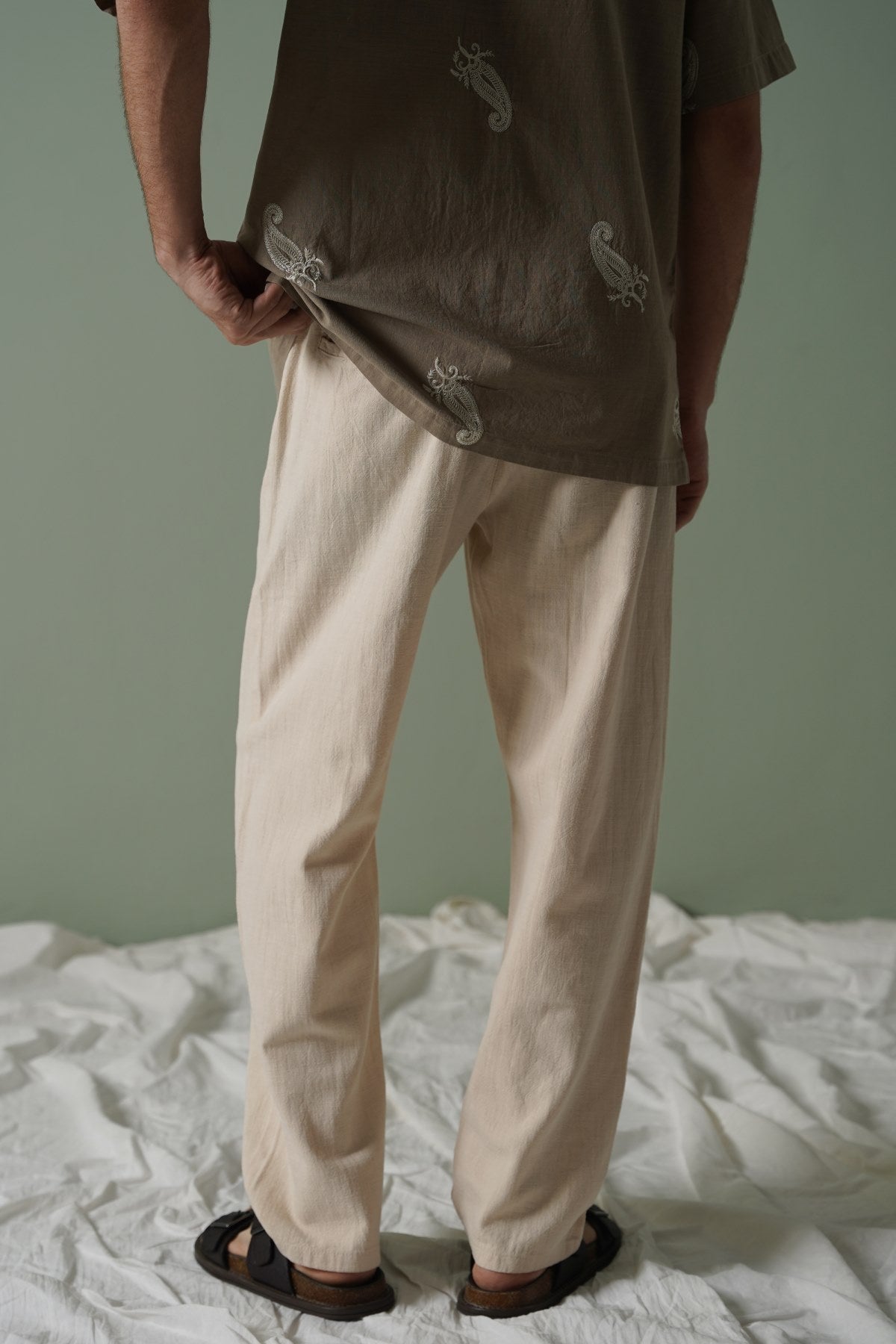 ECRU TEXTURED COTTON TROUSERS