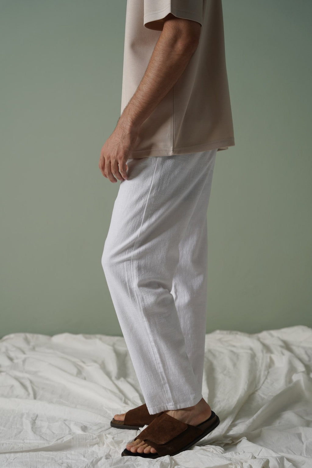 WHITE TEXTURED COTTON TROUSERS