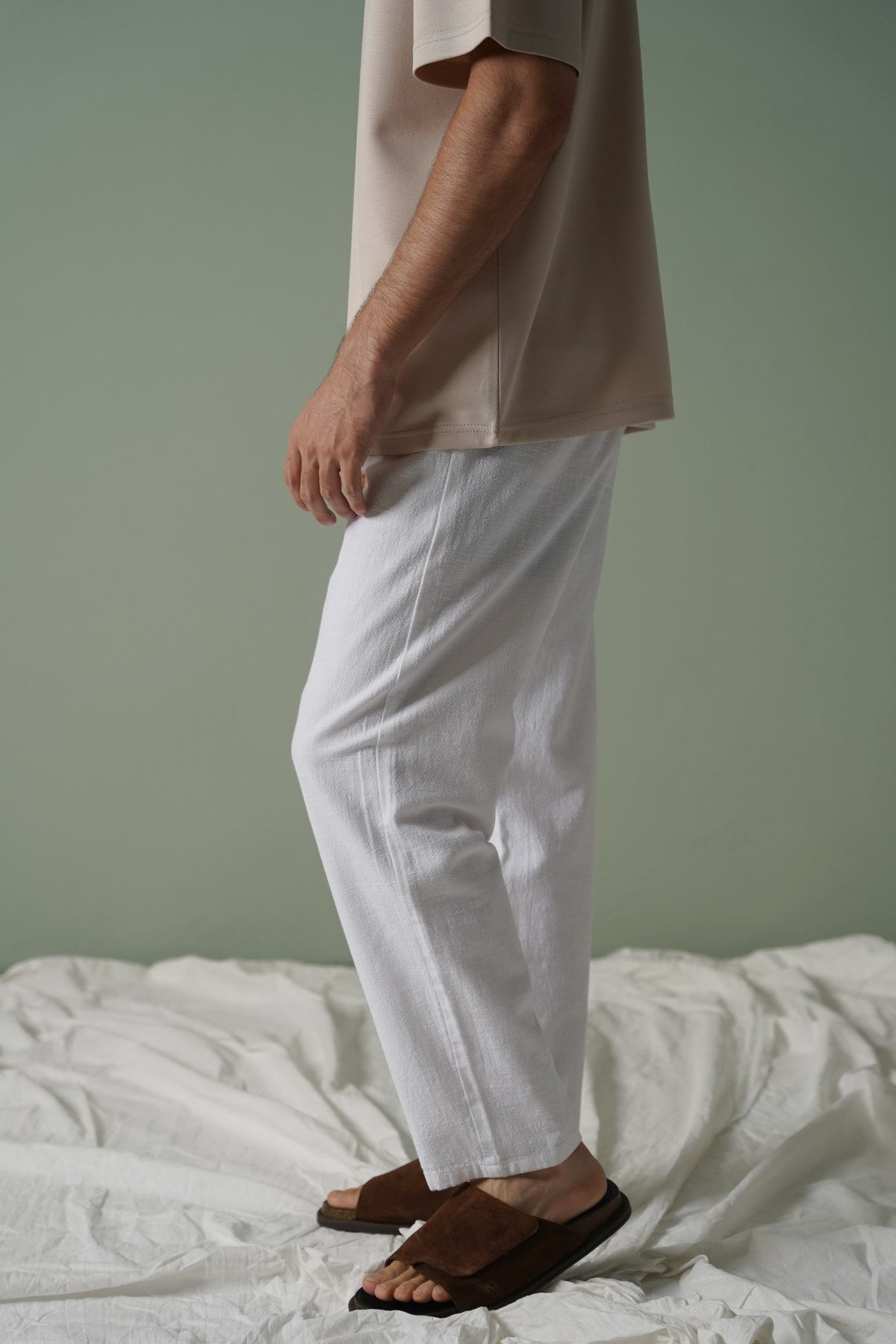 WHITE TEXTURED COTTON TROUSERS