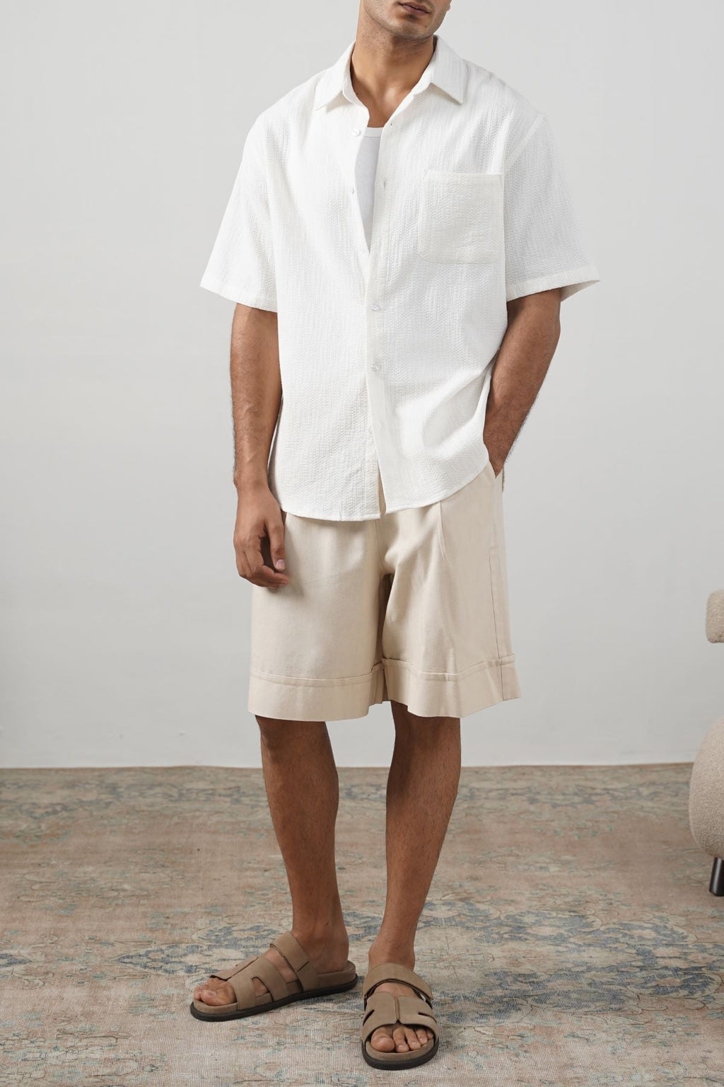 BEIGE LINEN BLEND SHORTS