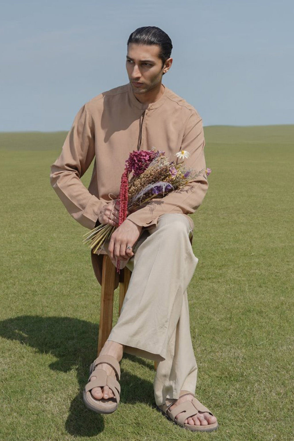 KHAKI LINEN BLEND LONG SHIRT