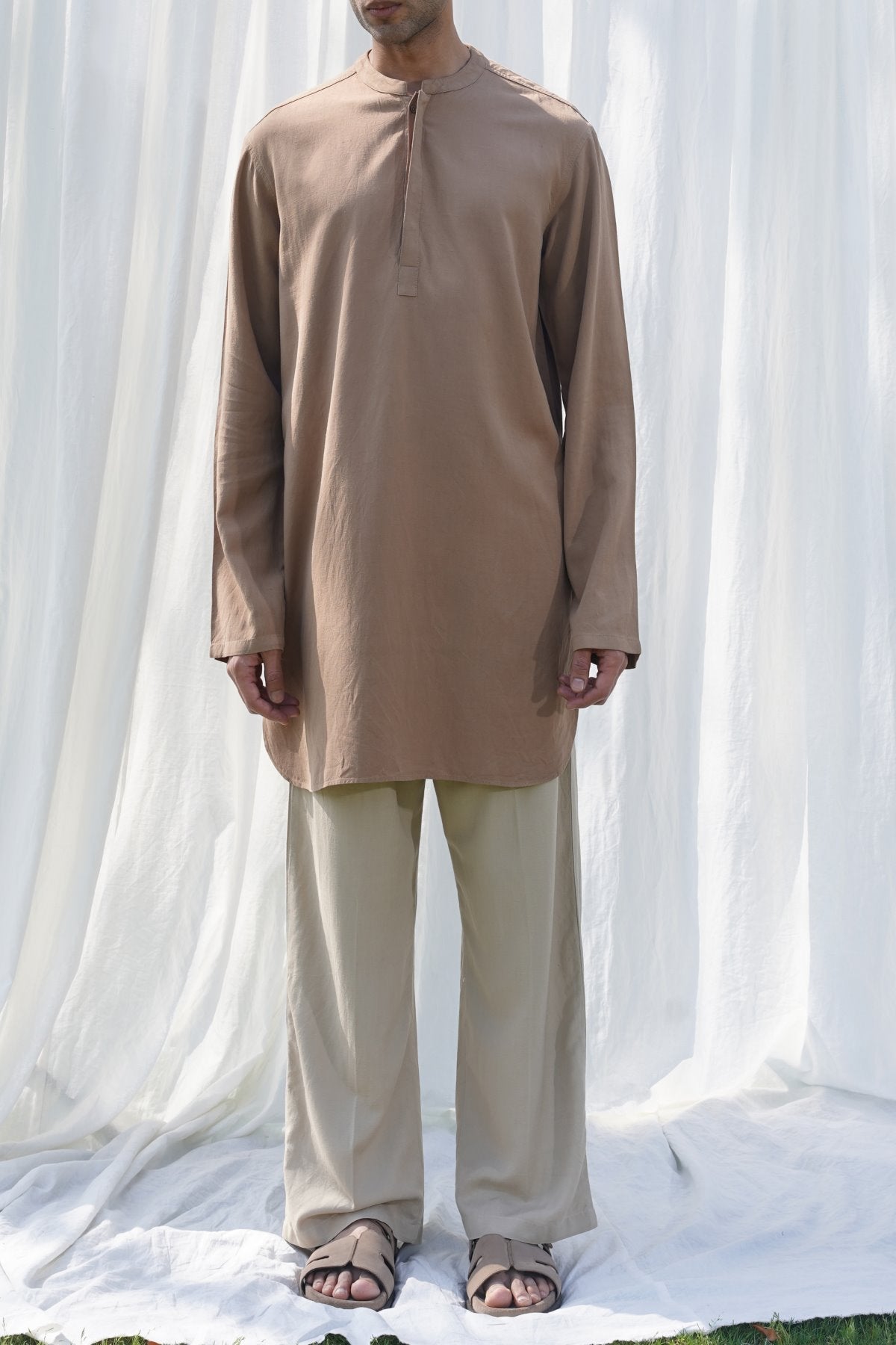 KHAKI LINEN BLEND LONG SHIRT