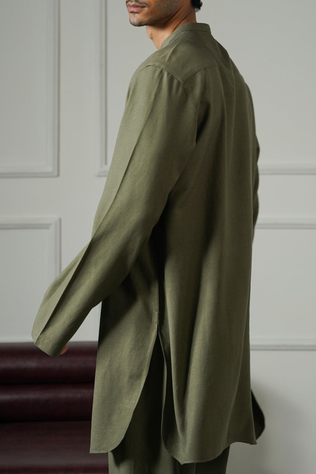 OLIVE LINEN BLEND LONG SHIRT