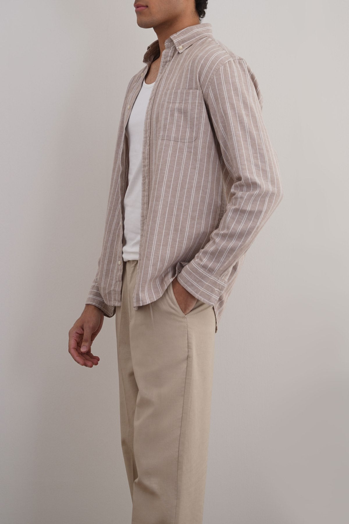 BEIGE LINEN-BLEND STRIPED SHIRT