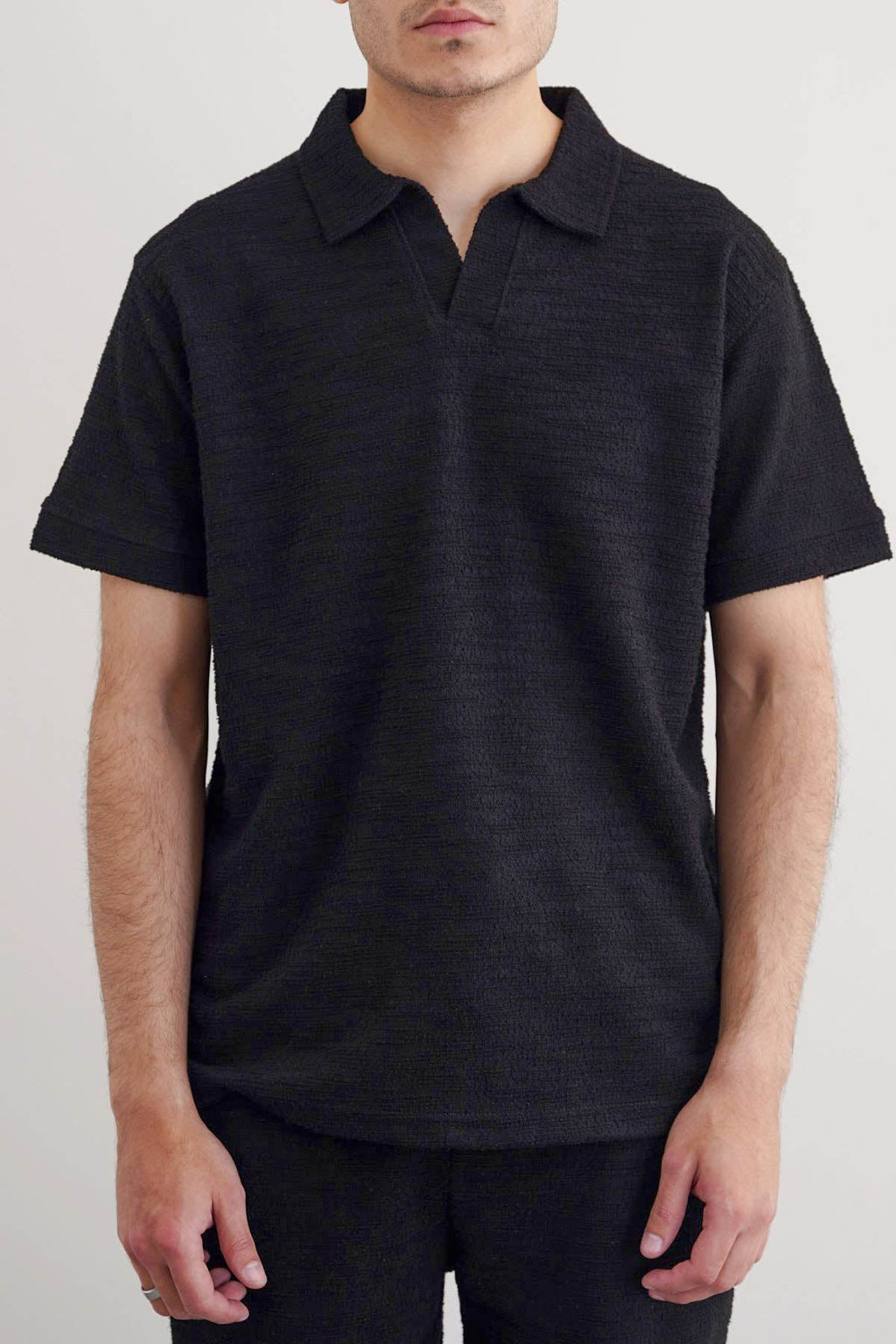 BLACK BOUCLE-KNIT POLO