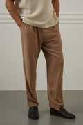 KHAKI FLOWY BLENDED LINEN TROUSERS