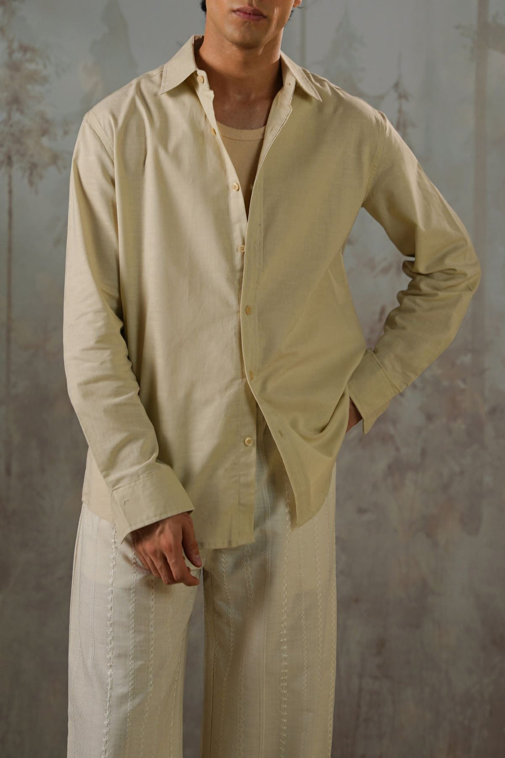 BEIGE LINEN BLEND BUTTON DOWN SHIRT
