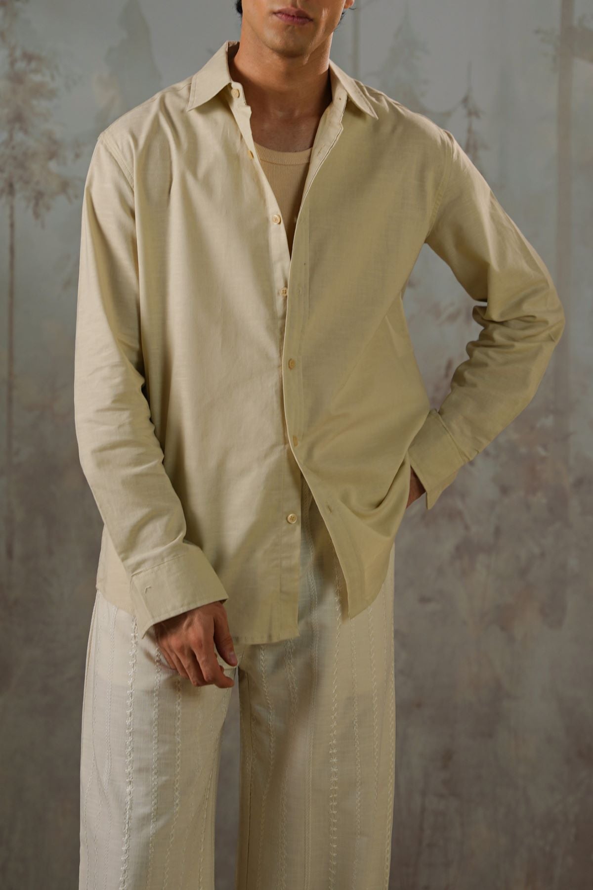 BEIGE LINEN BLEND BUTTON DOWN SHIRT