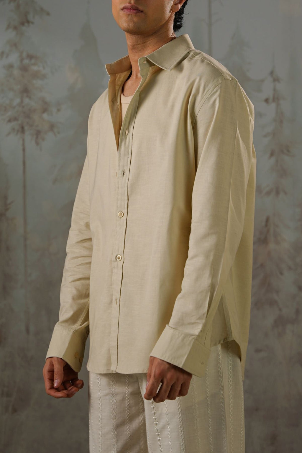 BEIGE LINEN BLEND BUTTON DOWN SHIRT