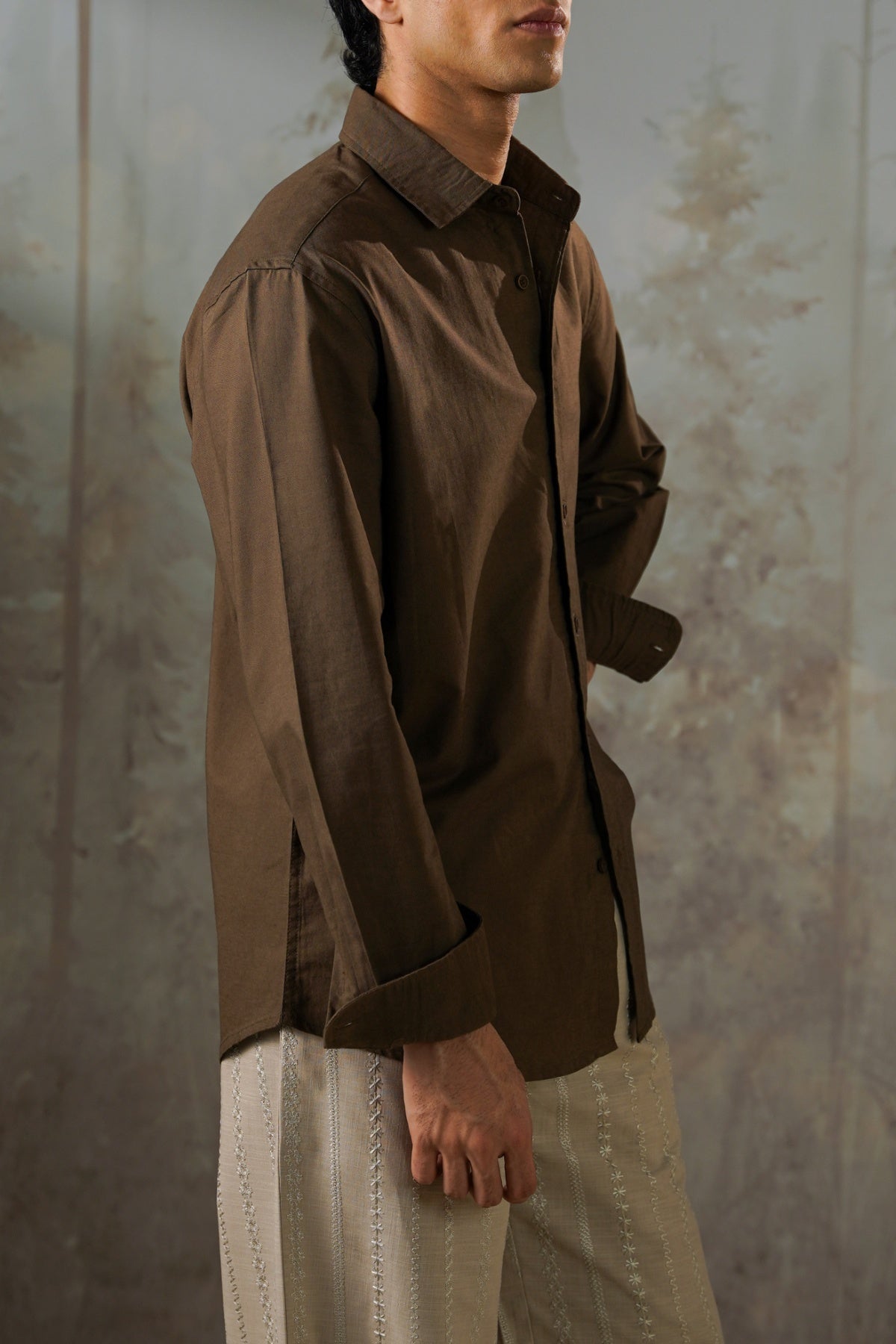 BROWN LINEN BLEND BUTTON DOWN SHIRT