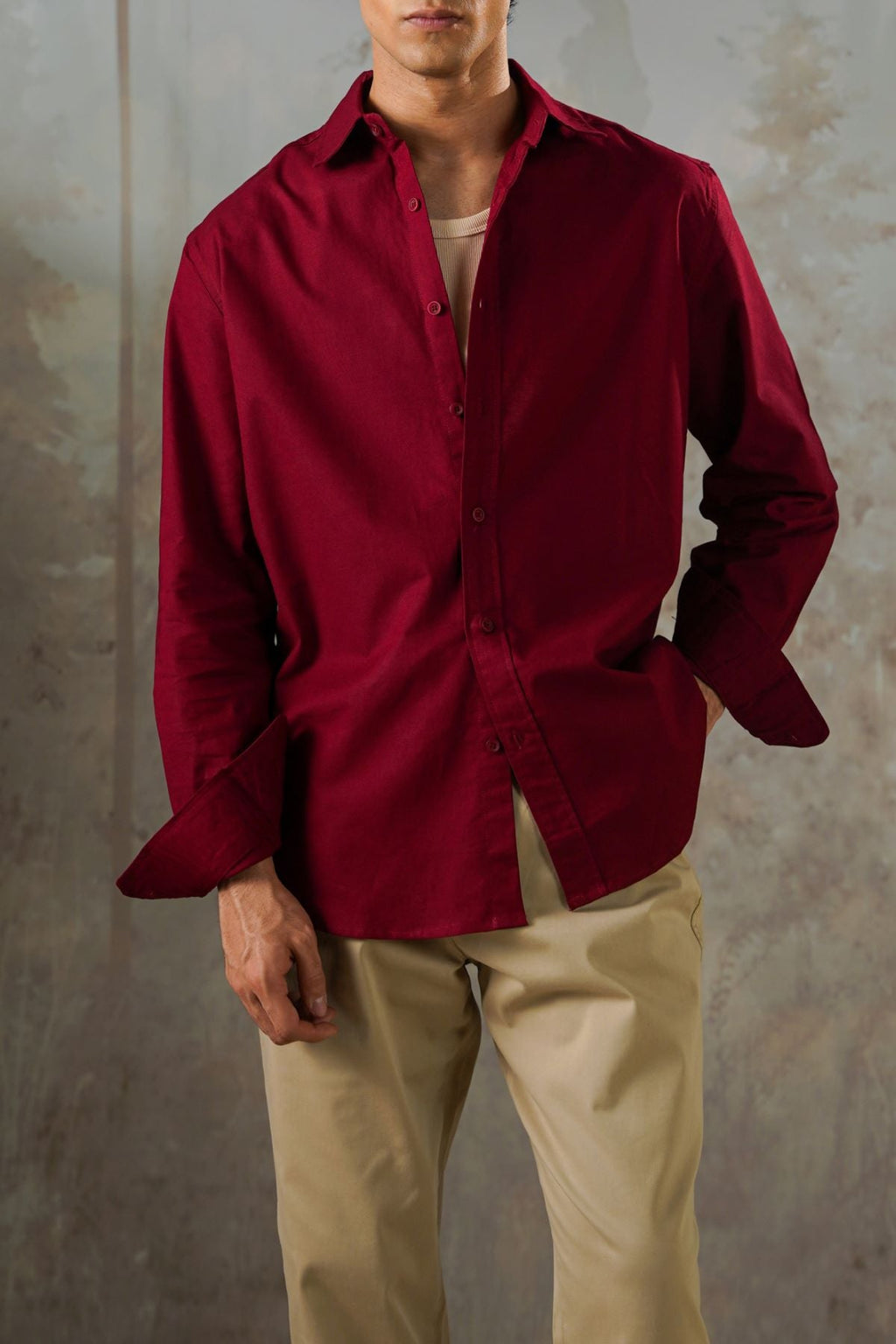 BURGUNDY LINEN BLEND BUTTON DOWN SHIRT