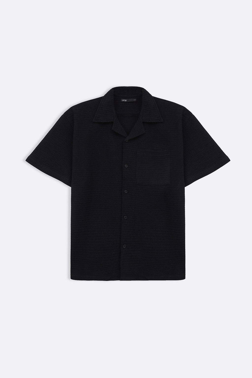 BLACK CUBAN COLLAR TEXTURED SHIRT