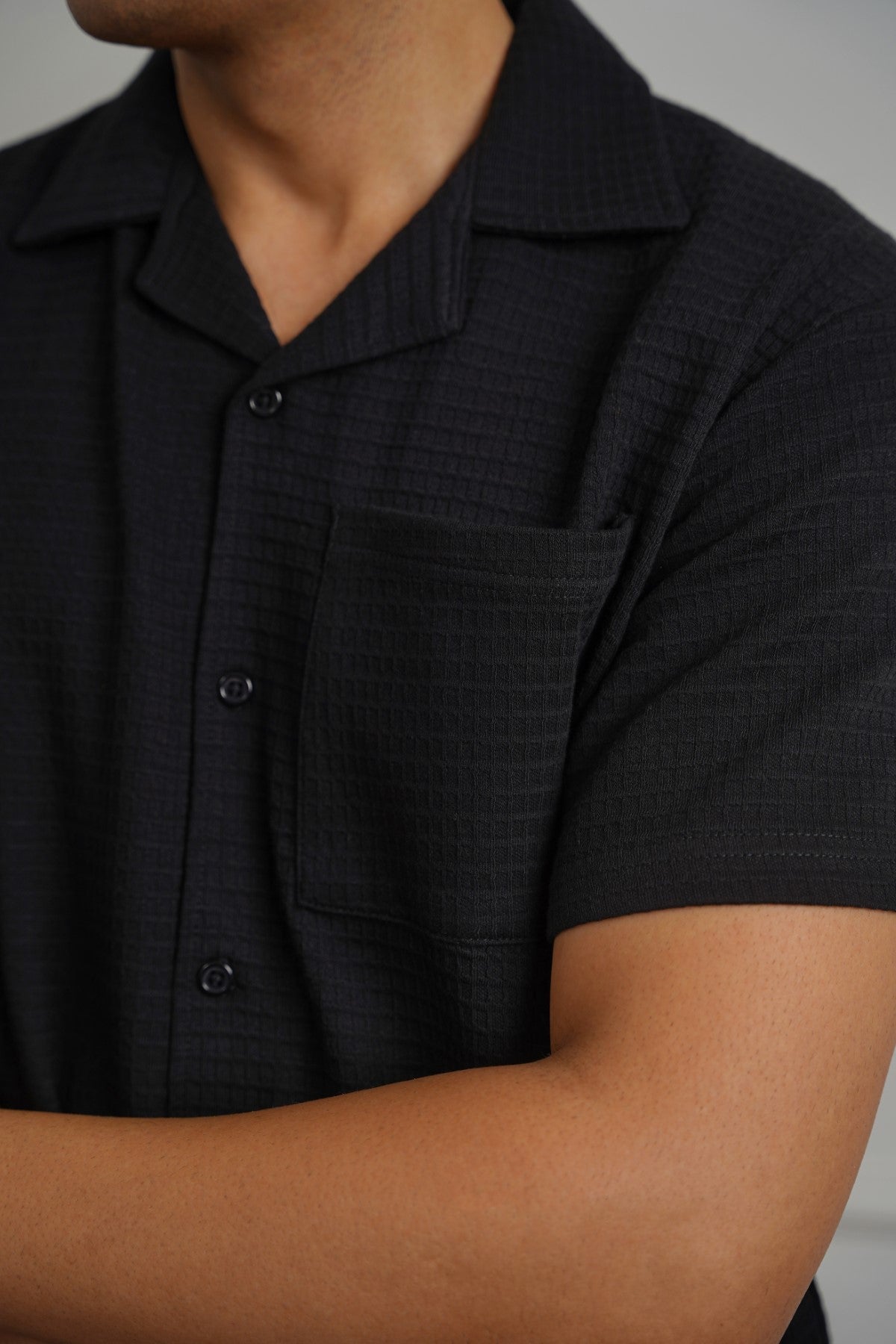 BLACK CUBAN COLLAR TEXTURED SHIRT
