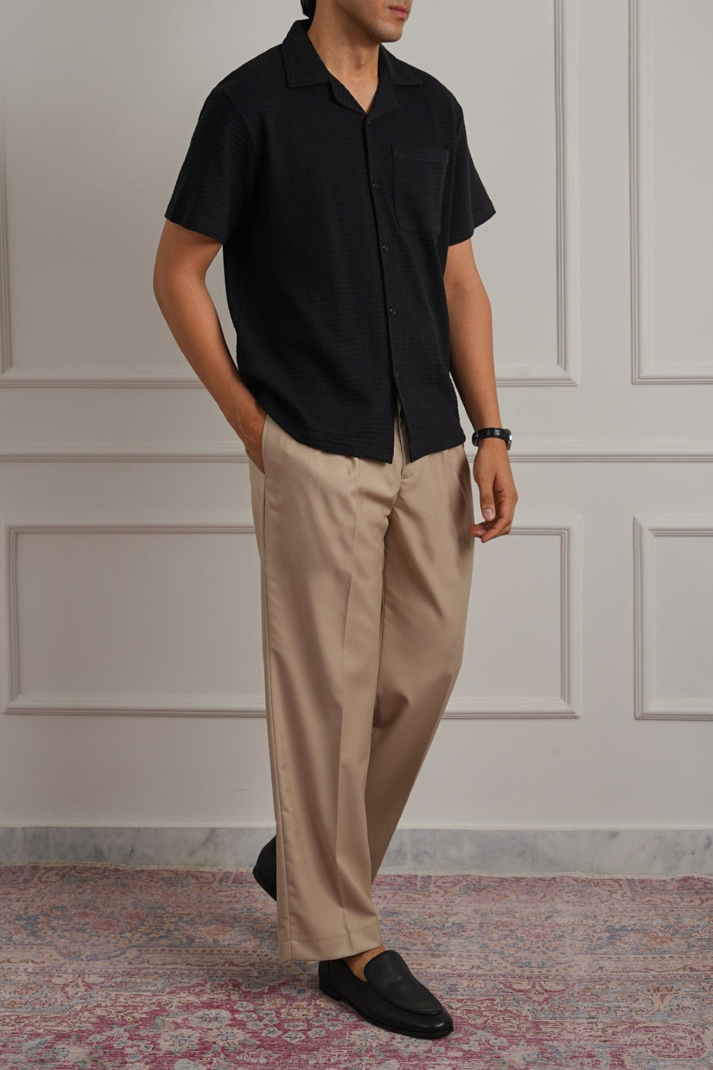 BLACK CUBAN COLLAR TEXTURED SHIRT