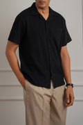 BLACK CUBAN COLLAR TEXTURED SHIRT