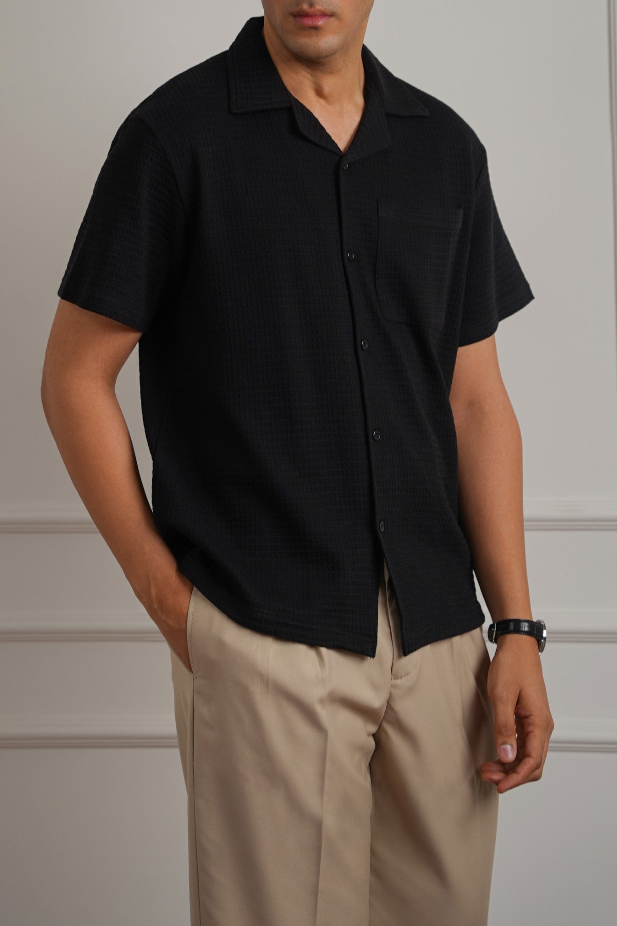 BLACK CUBAN COLLAR TEXTURED SHIRT