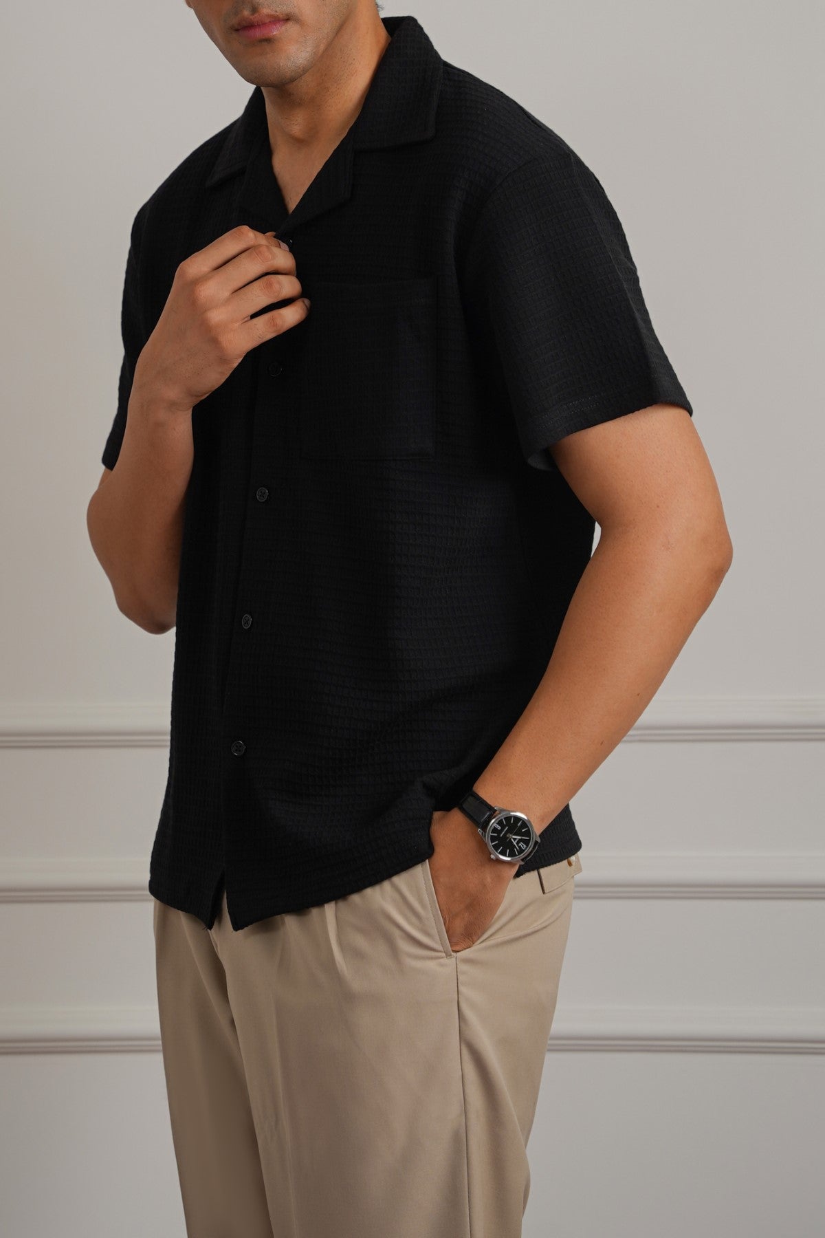 BLACK CUBAN COLLAR TEXTURED SHIRT