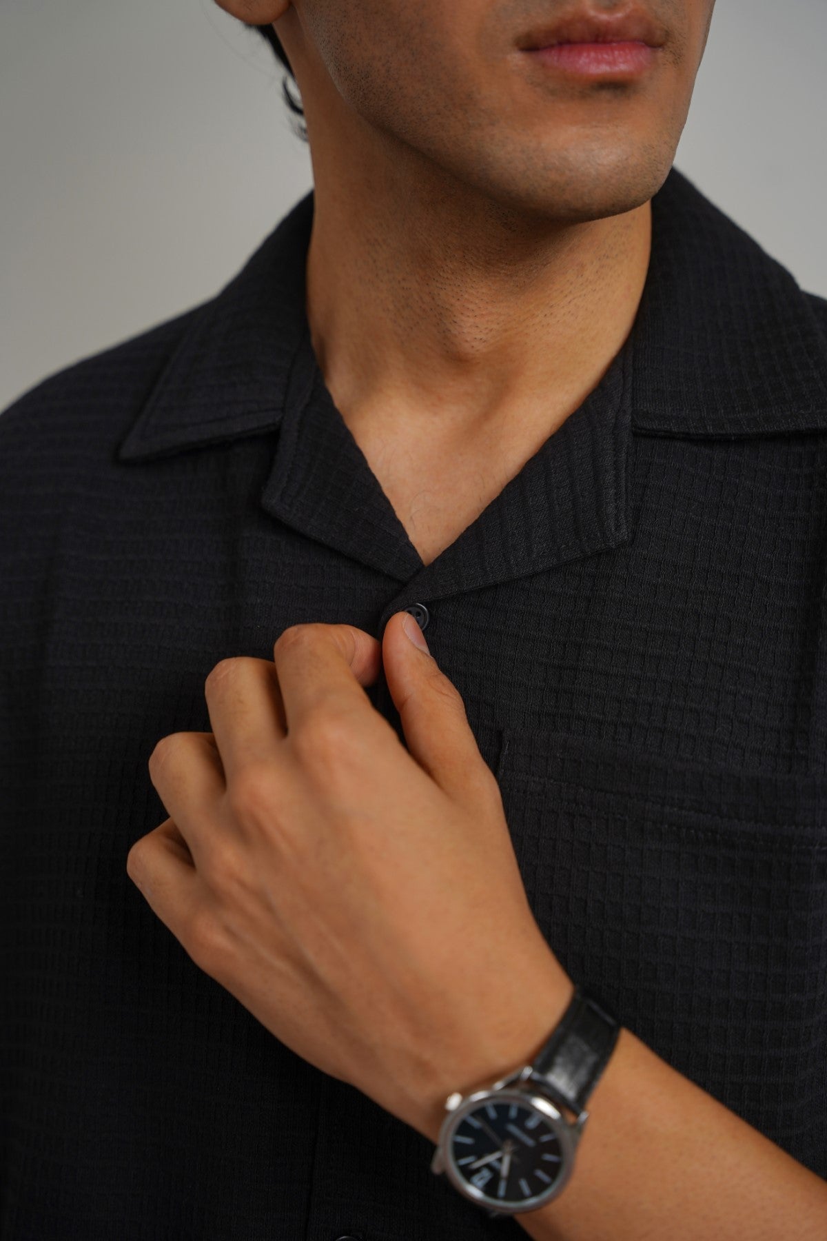 BLACK CUBAN COLLAR TEXTURED SHIRT