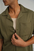 OLIVE CUBAN COLLAR TEXTURED SHIRT