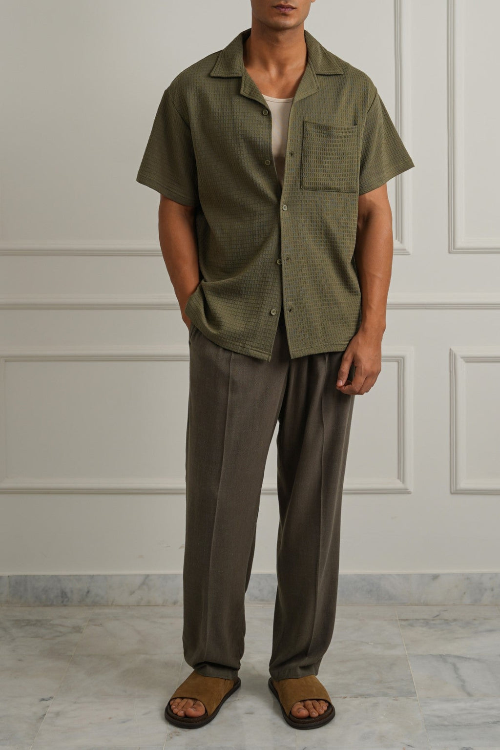 OLIVE CUBAN COLLAR TEXTURED SHIRT