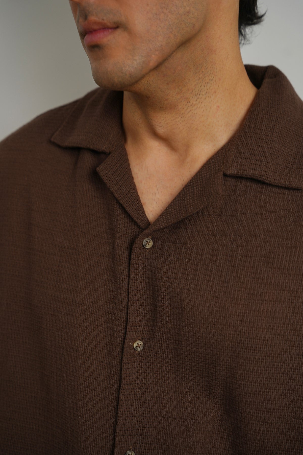 BROWN TEXTURED COTTON SAFARI SHIRT