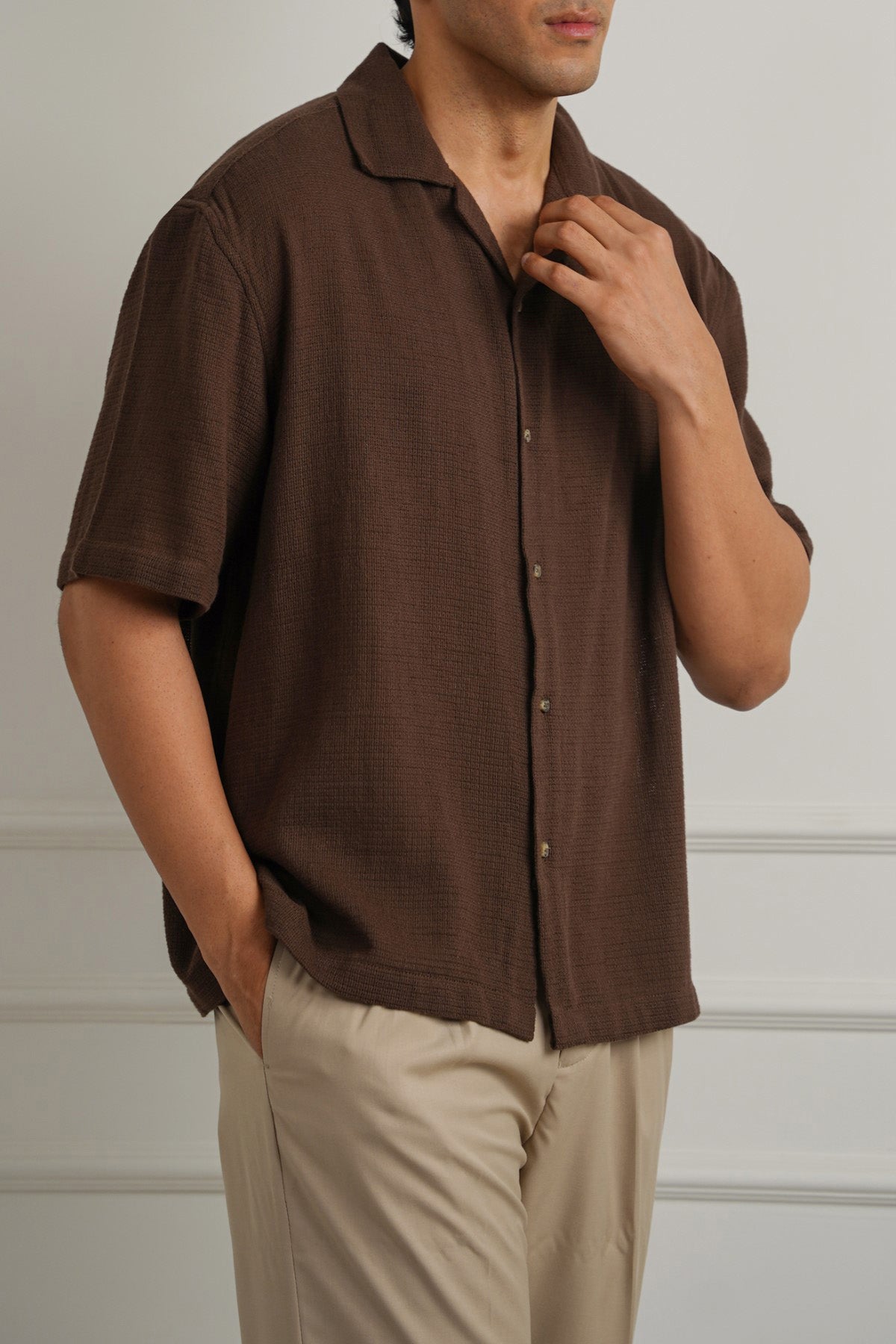 BROWN TEXTURED COTTON SAFARI SHIRT