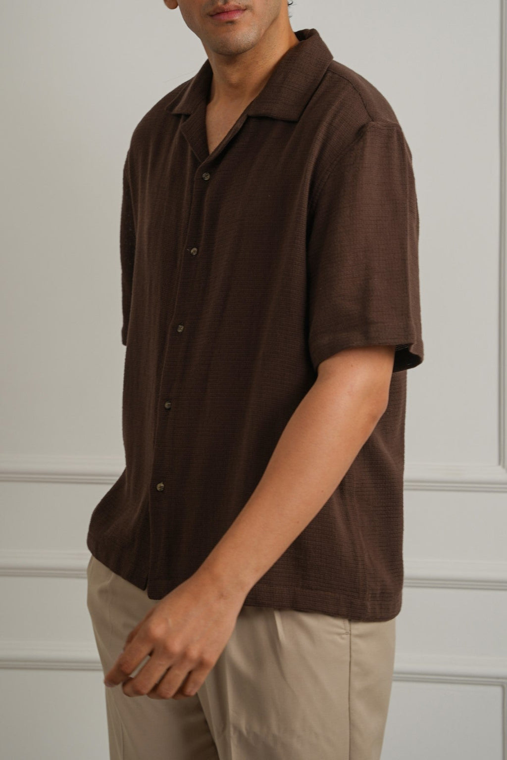 BROWN TEXTURED COTTON SAFARI SHIRT