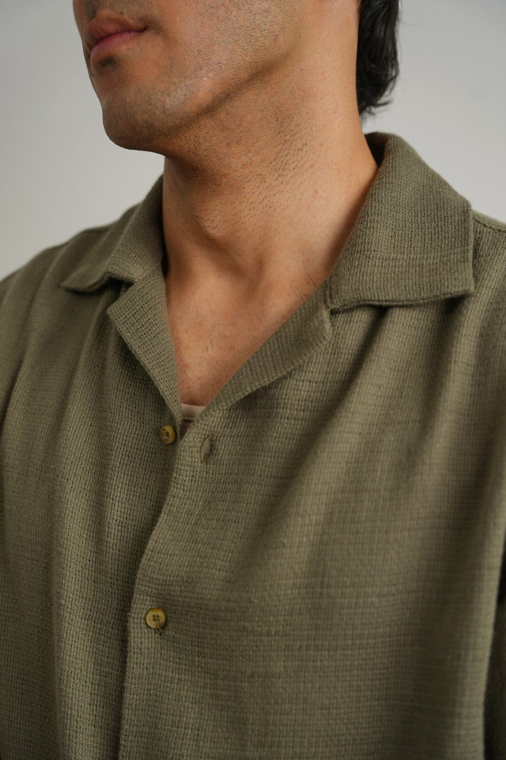 OLIVE TEXTURED COTTON SAFARI SHIRT