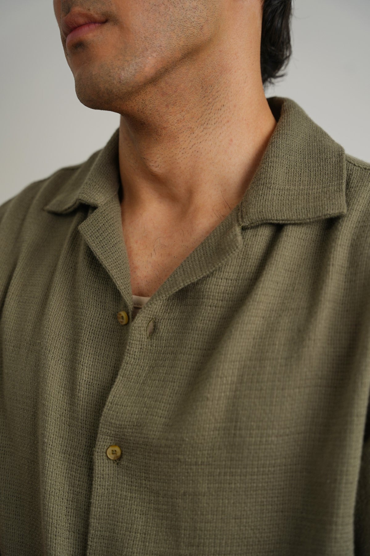 OLIVE TEXTURED COTTON SAFARI SHIRT