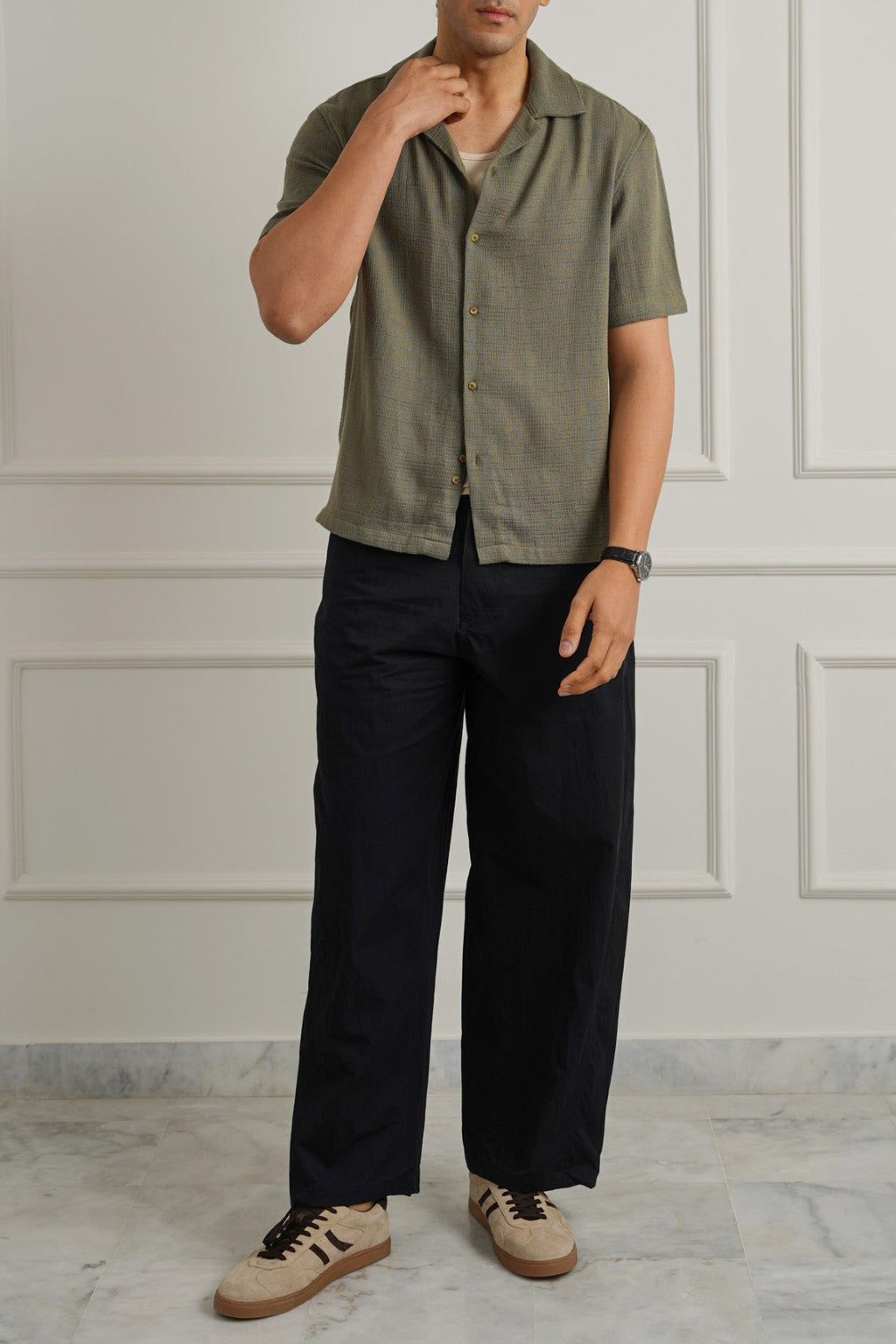 OLIVE TEXTURED COTTON SAFARI SHIRT