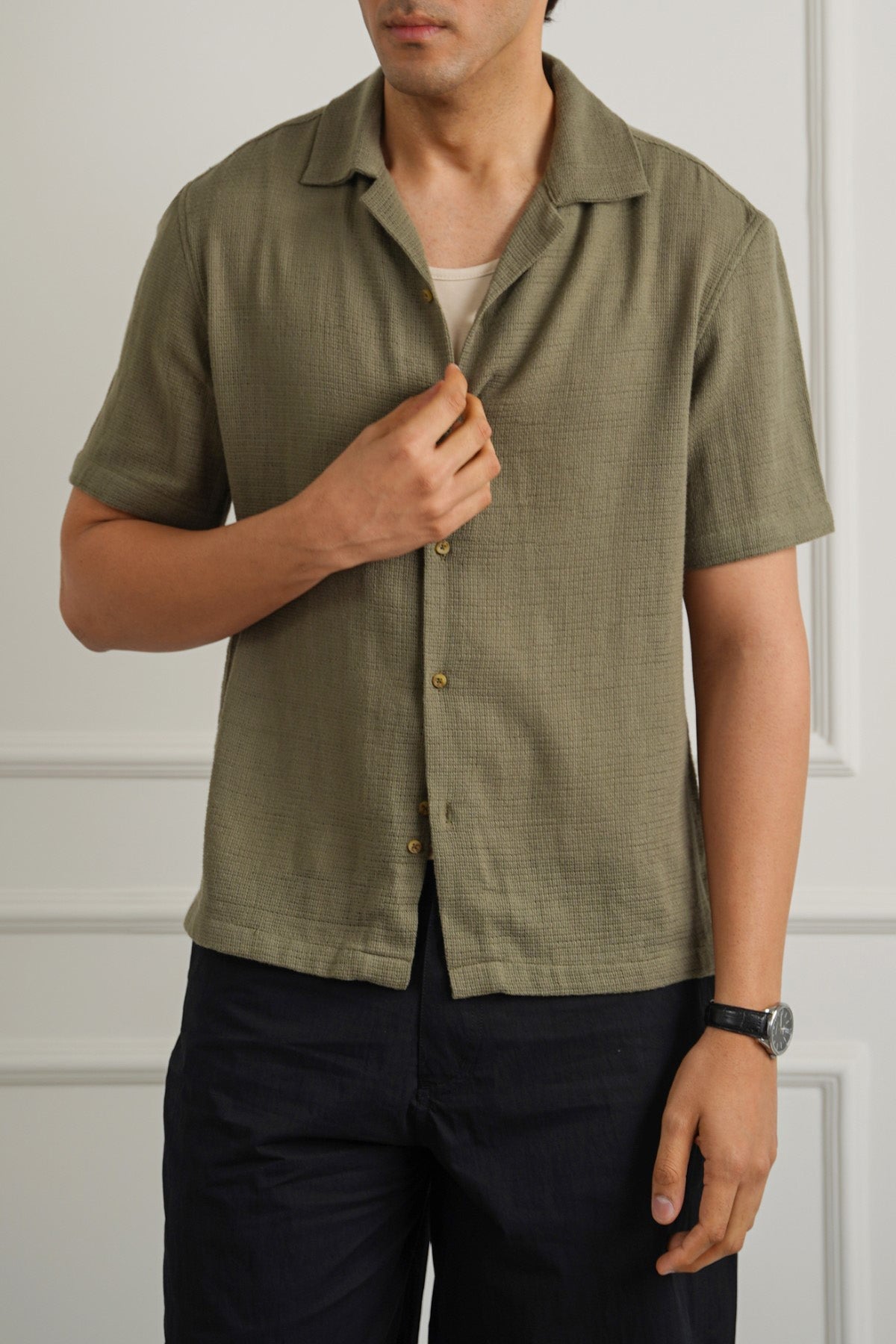OLIVE TEXTURED COTTON SAFARI SHIRT