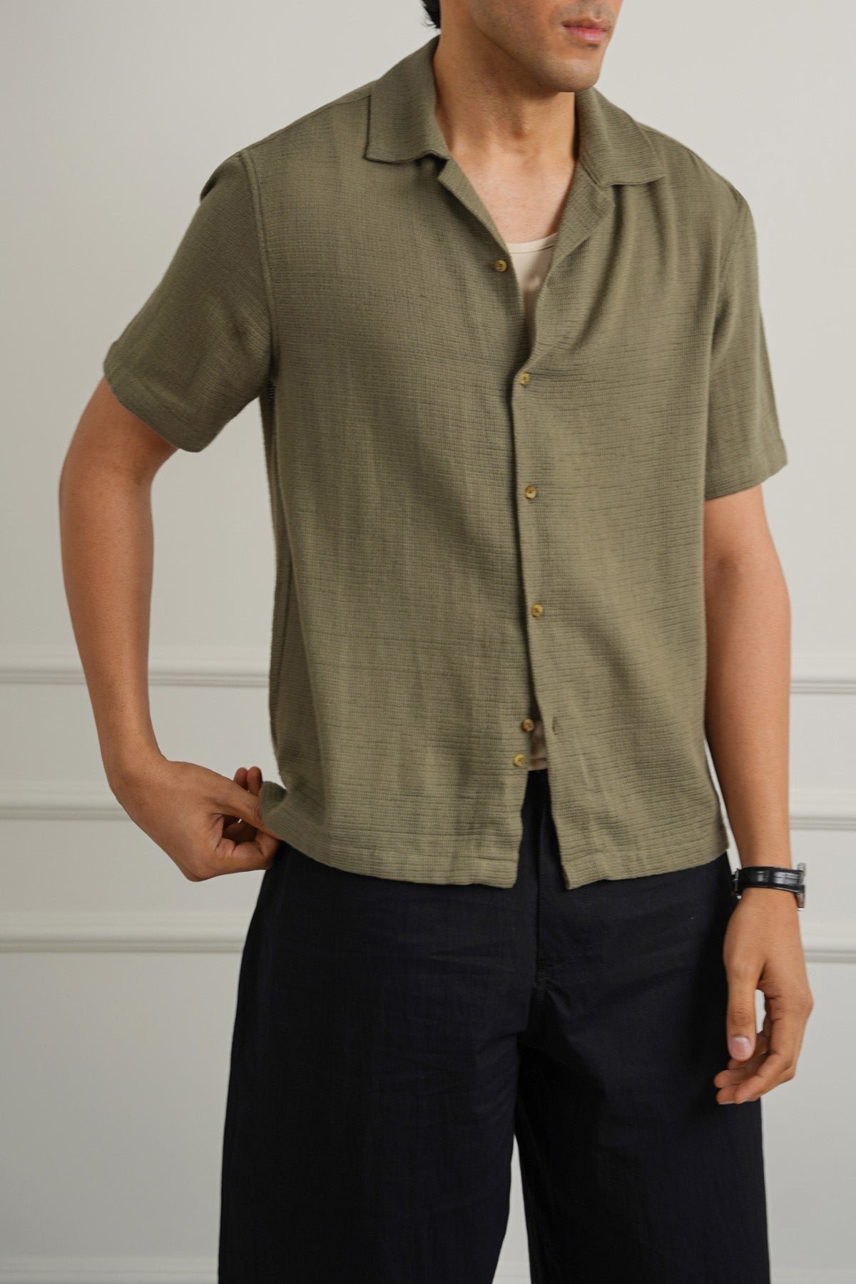 OLIVE TEXTURED COTTON SAFARI SHIRT