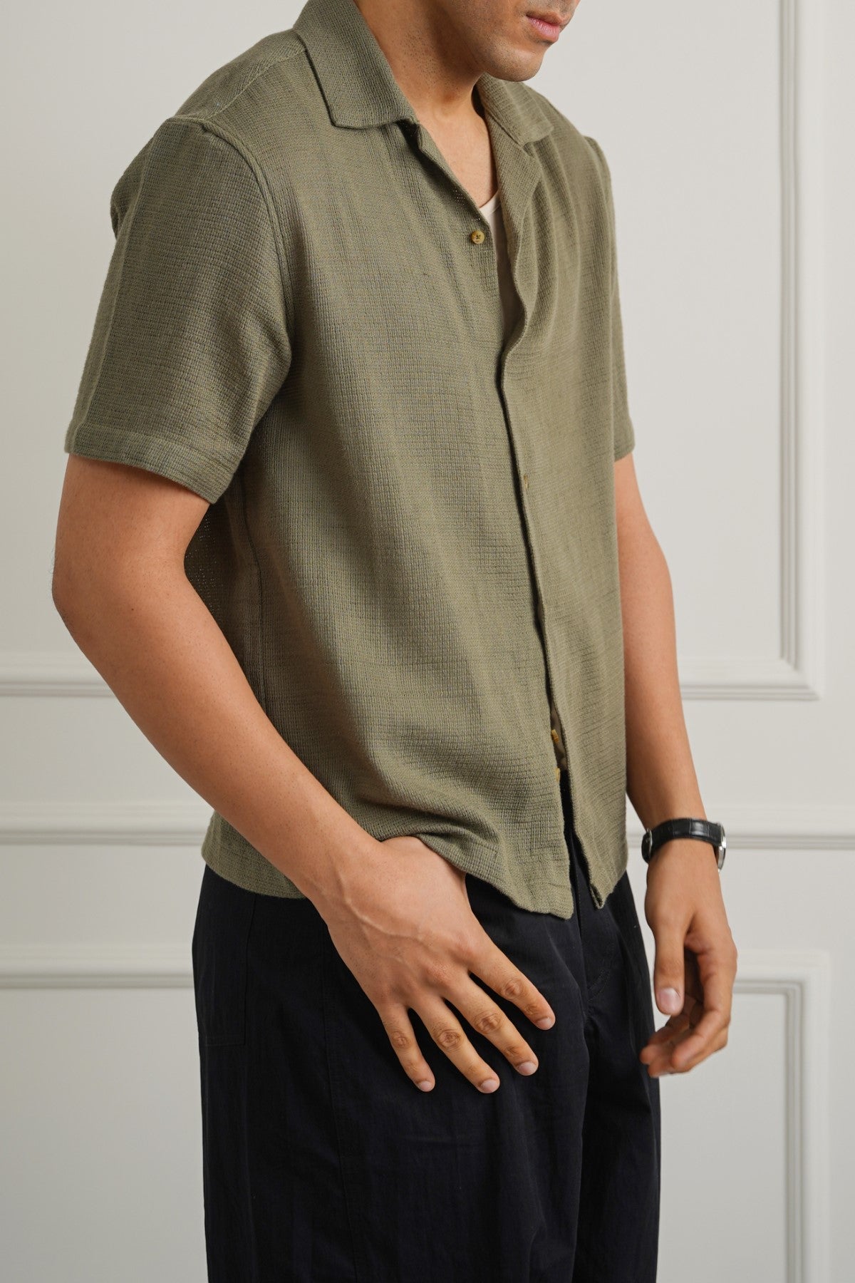 OLIVE TEXTURED COTTON SAFARI SHIRT