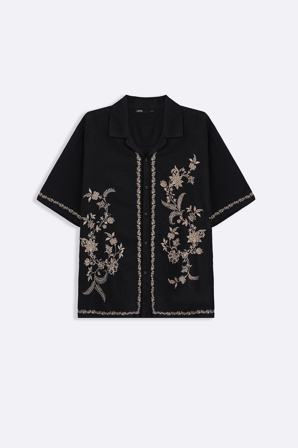 BLACK ASYMMETRIC EMBROIDERED SHIRT