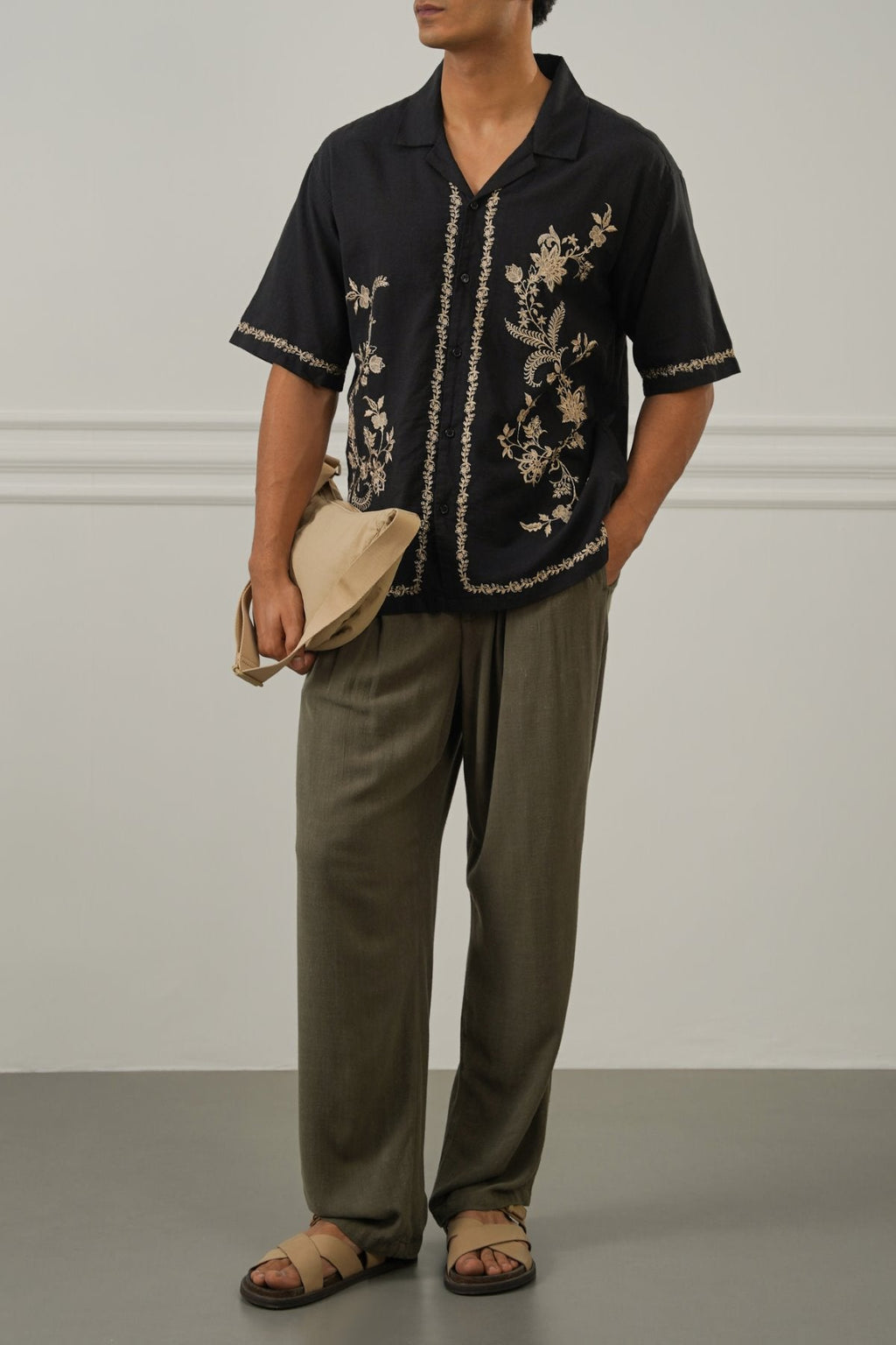 BLACK ASYMMETRIC EMBROIDERED SHIRT