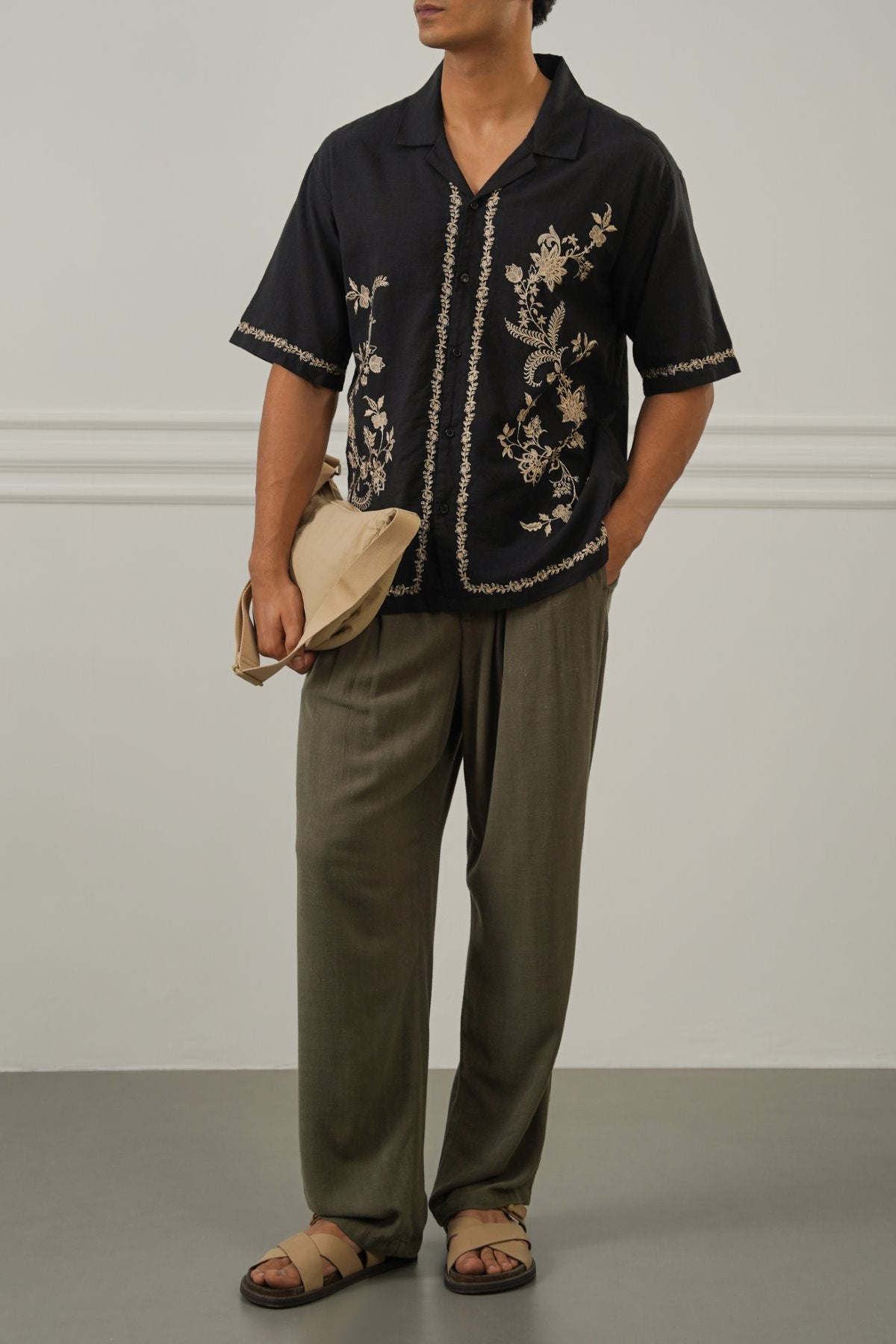 BLACK ASYMMETRIC EMBROIDERED SHIRT