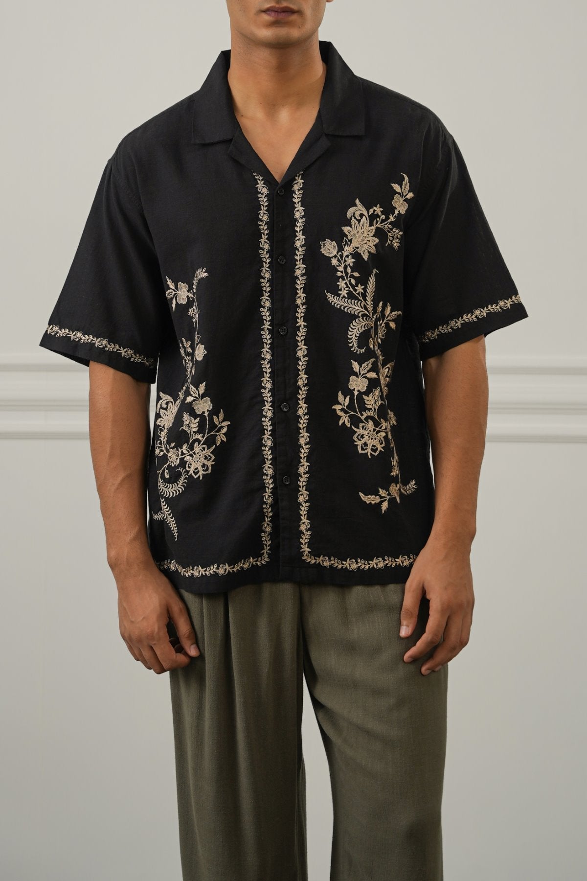 BLACK ASYMMETRIC EMBROIDERED SHIRT