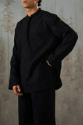 BLACK EMBROIDERED HALF PLACKET SHIRT