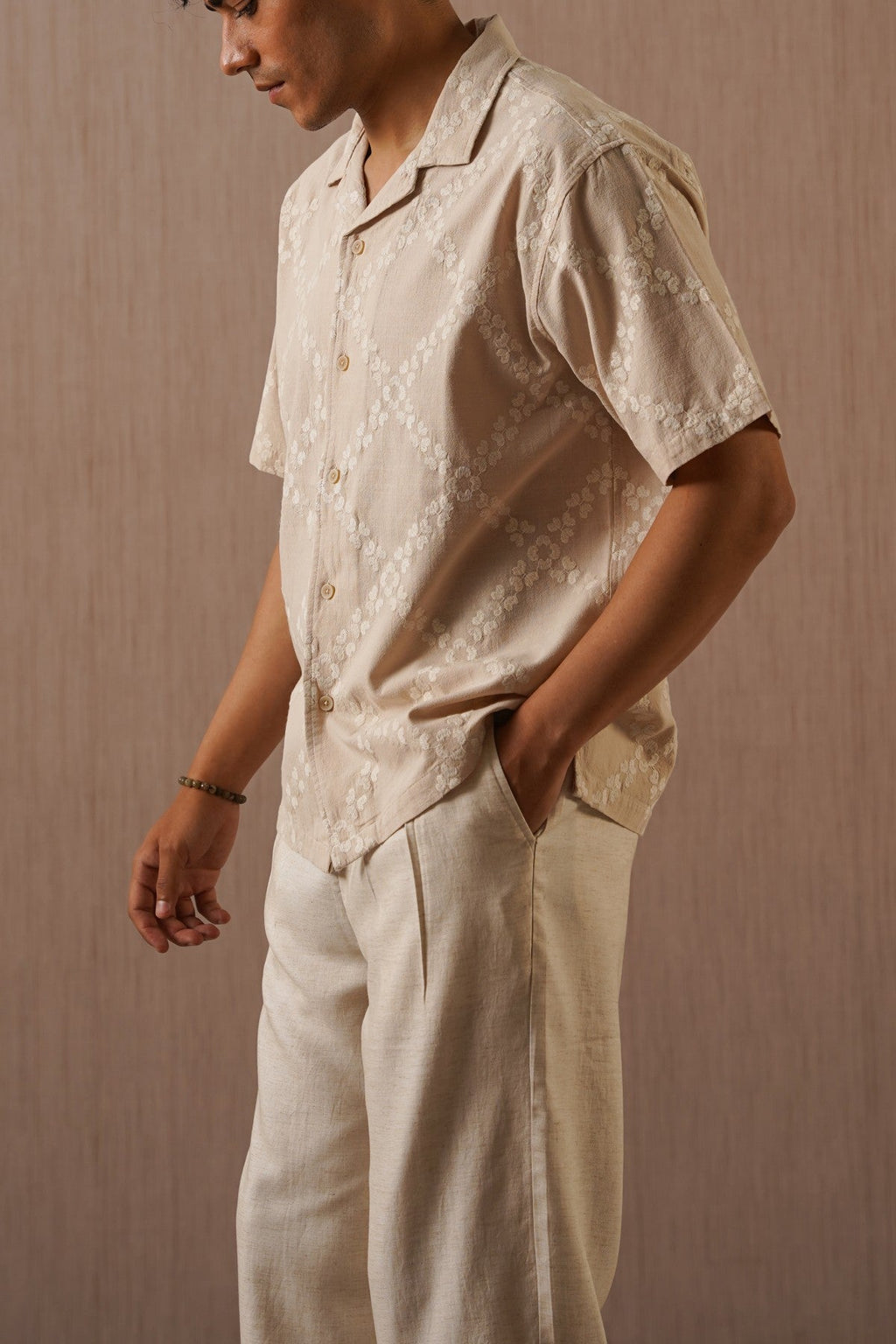 BEIGE MONTEGO BAY EMBROIDERED SHIRT