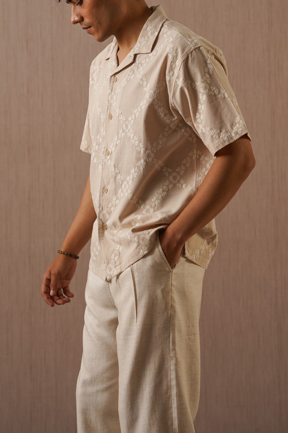 BEIGE MONTEGO BAY EMBROIDERED SHIRT
