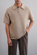 BEIGE KNITTED MESH POLO