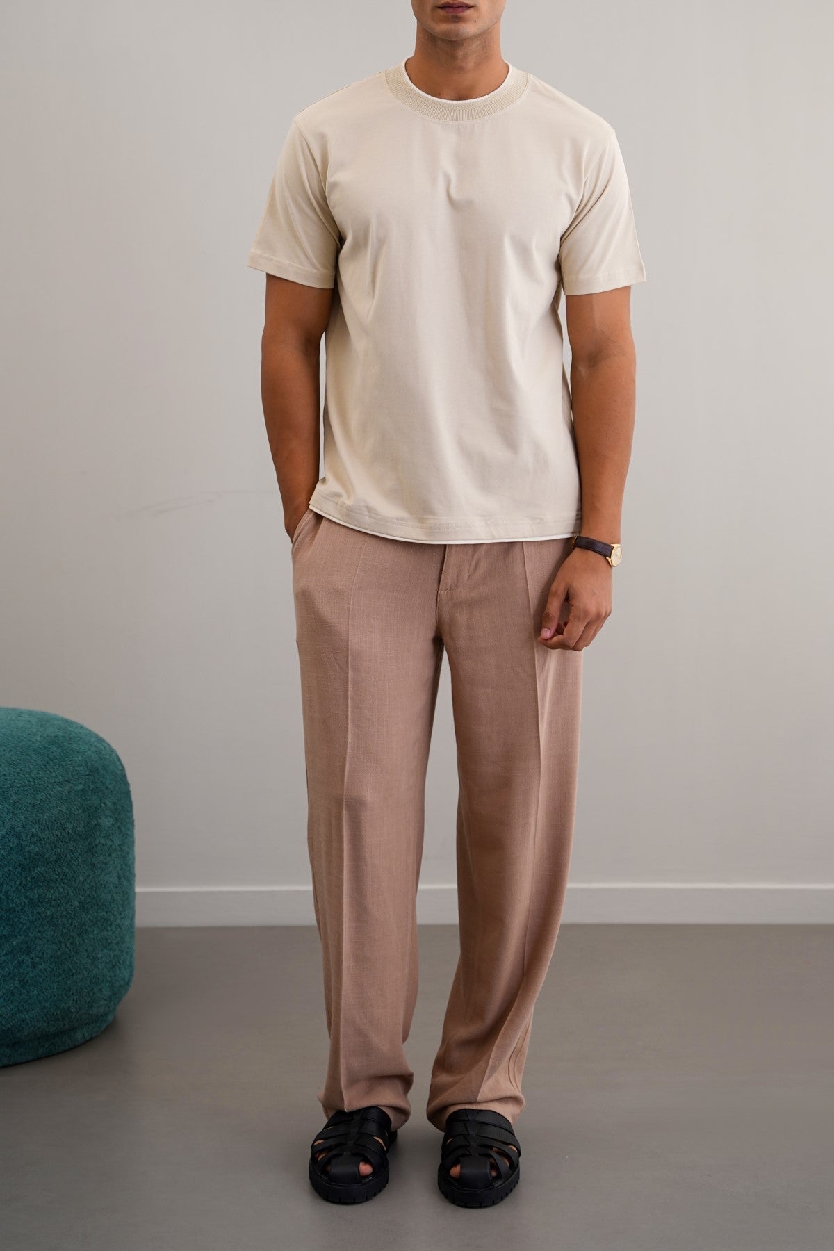 BEIGE JACQUARD RIB TEE