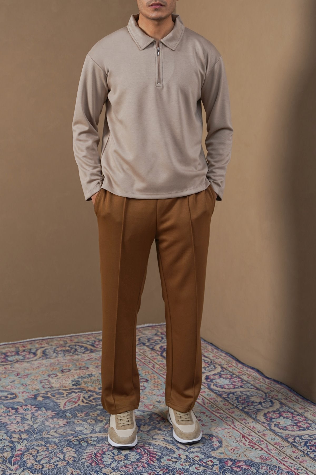 KHAKI QUARTER-ZIP POLO