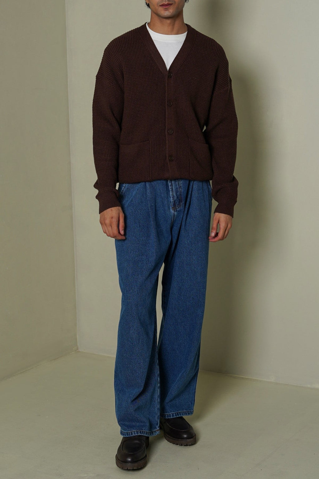 BROWN WAFFLE KNIT CARDIGAN
