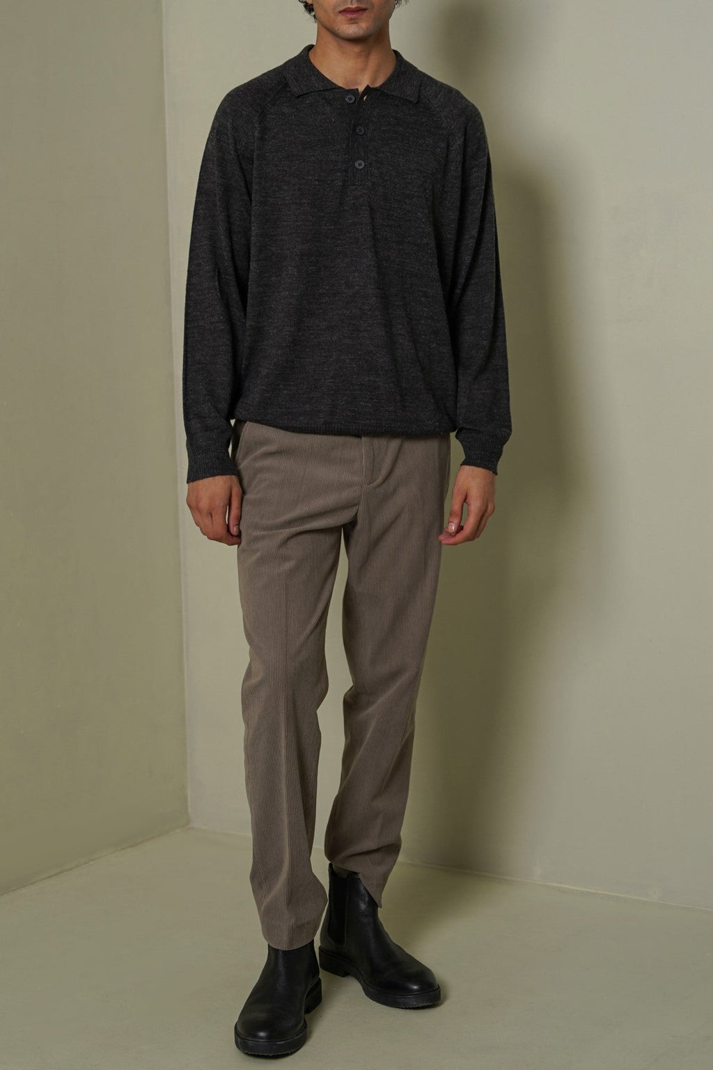 GREY WOOL BLEND POLO SWEATER