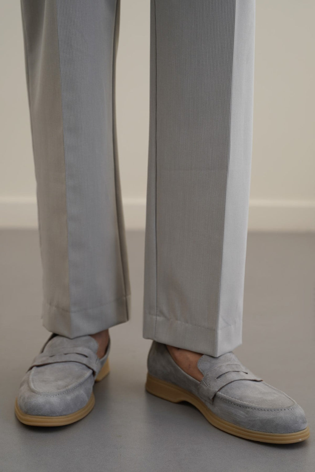 LIGHT GREY GOAT SUEDE PENNY LOAFERS