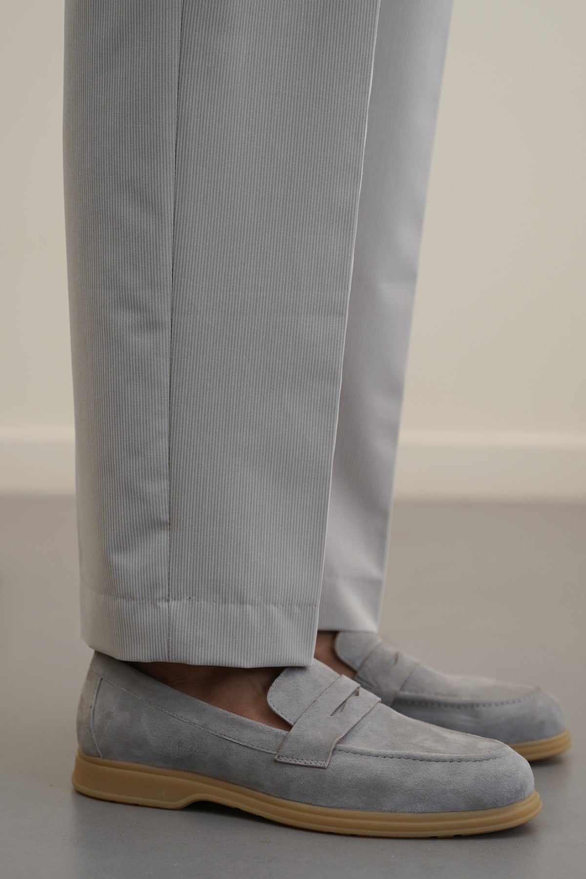 LIGHT GREY GOAT SUEDE PENNY LOAFERS