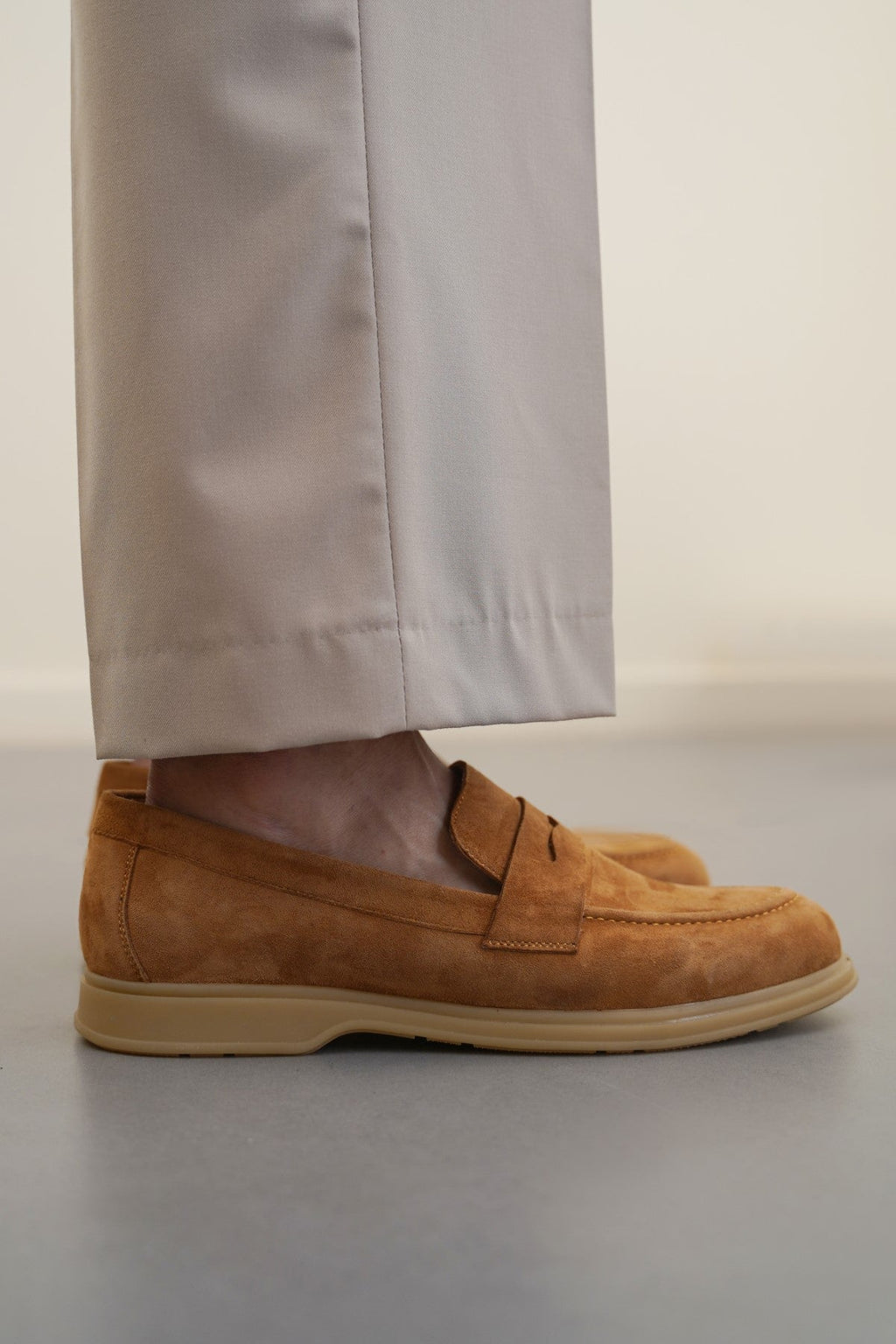 TAUPE GOAT SUEDE PENNY LOAFERS
