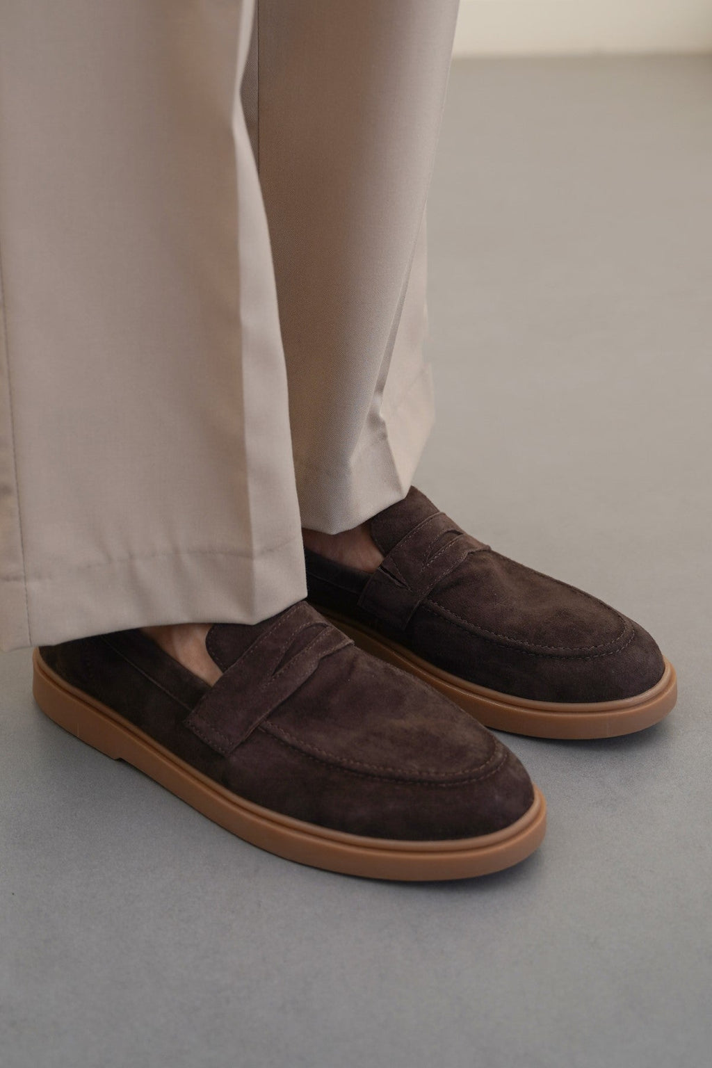 DARK BROWN SUEDE PENNY LOAFERS
